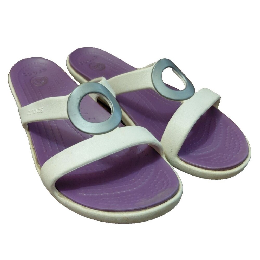 Crocs Sanrah Sandals Women’s Size 9 Metal Circle Slide Cream & Purple